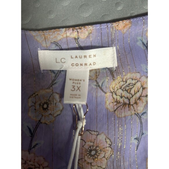 NWT LC LAUREN CONRAD M PURPLE GOLD‎ GREEN FLORAL RUFFLE FAUX WRAP MIDI 3X - Picture 7 of 11